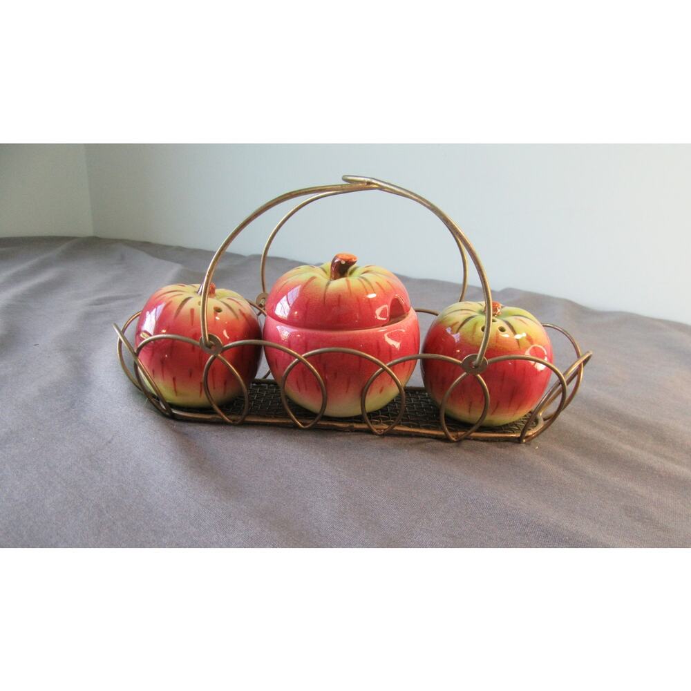 Vtg. Ceramic Apple Salt Pepper Jelly/Jam Jar w/Lid Mini Spoon Wire Basket